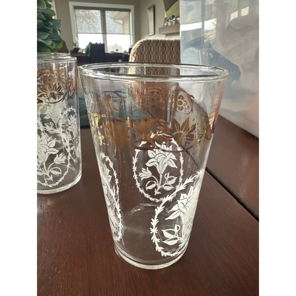 Vintage Federal Glass Tumblers‎ 12oz. White and Gold Floral Pattern 6